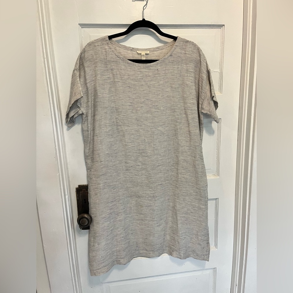 Eileen Fisher 100% Organic Linen Cream Black Striped Shift Dress Size XXS